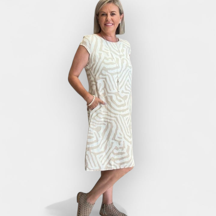 Summer Dress with Round Neckline and Subtle Print