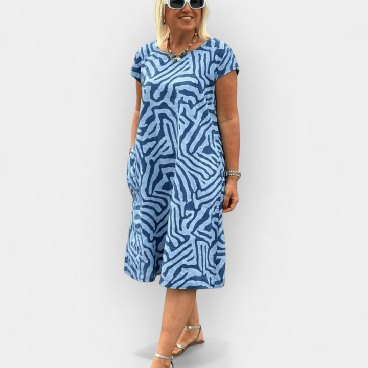 Summer Dress with Round Neckline and Subtle Print