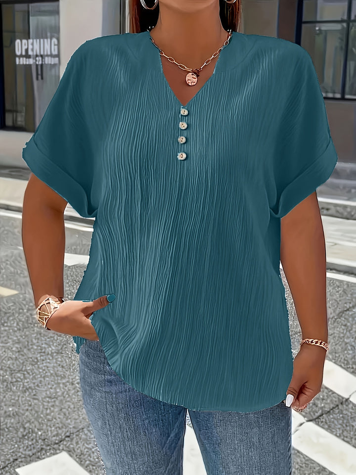 Noelle | Textured V-Neck Button Top