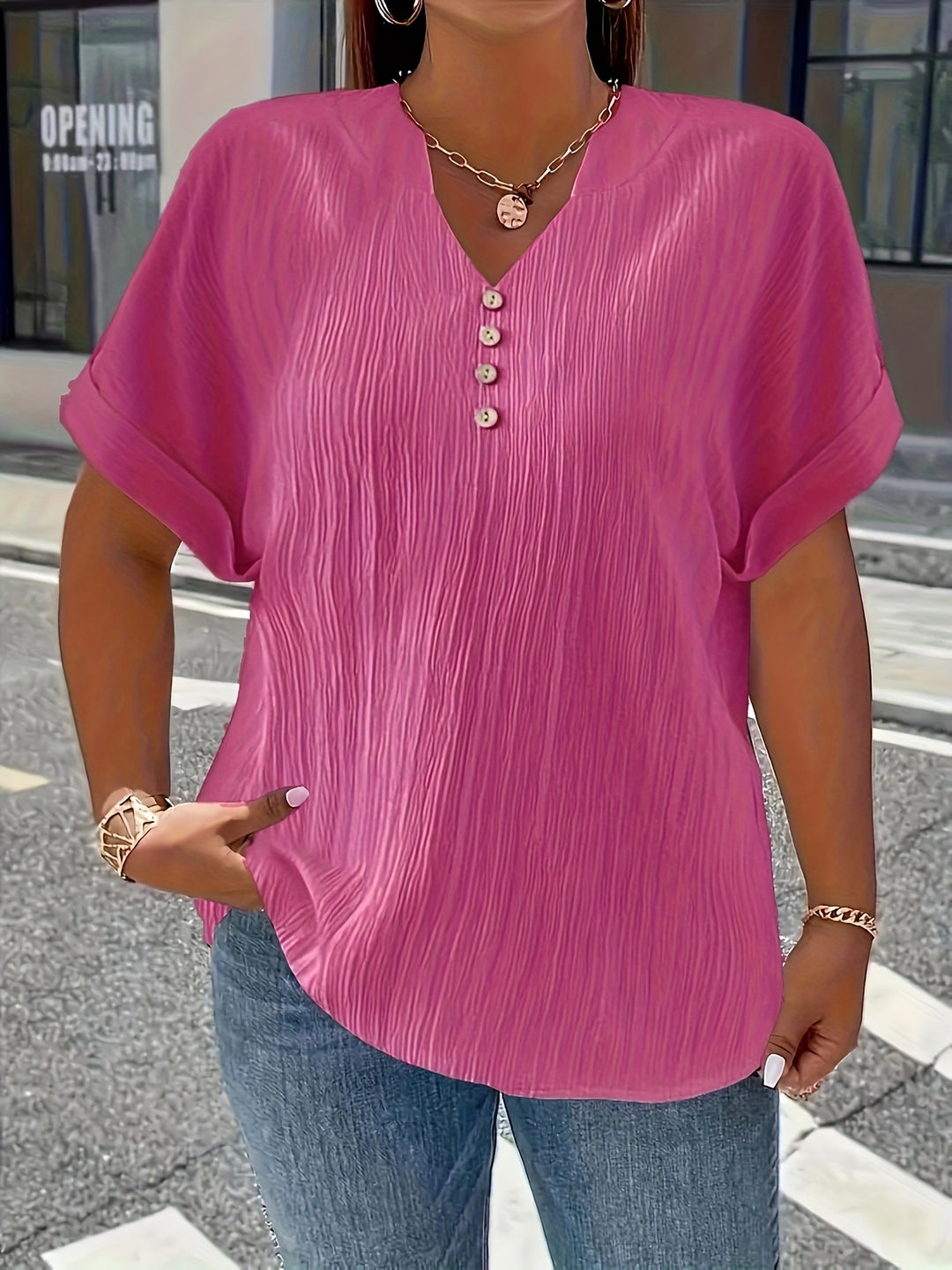 Noelle | Textured V-Neck Button Top