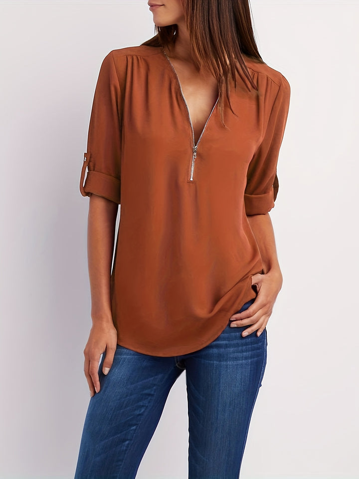 Amara | Zip V-Neck Blouse