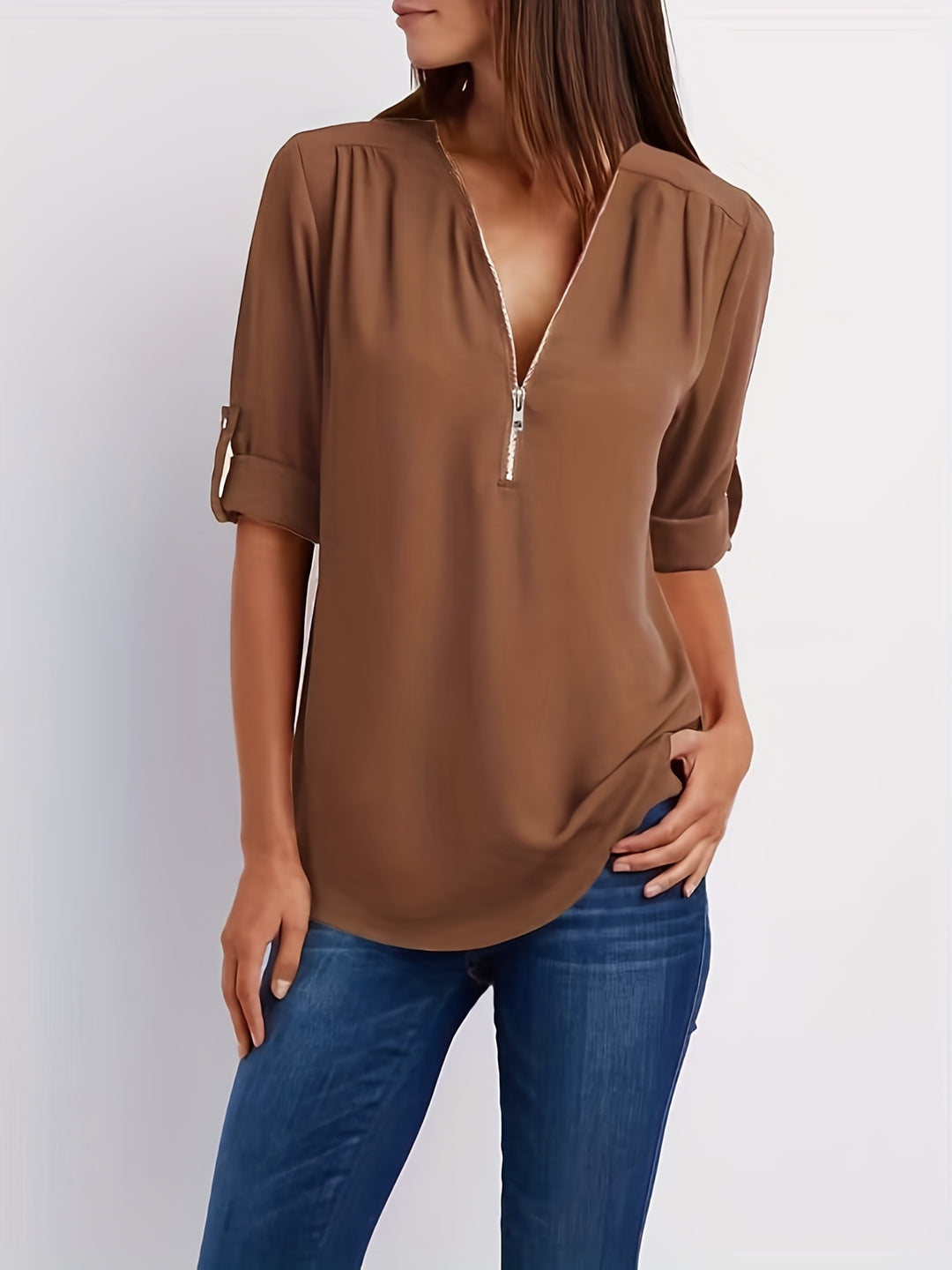 Amara | Zip V-Neck Blouse