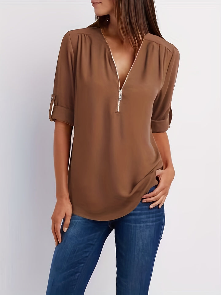 Amara | Zip V-Neck Blouse