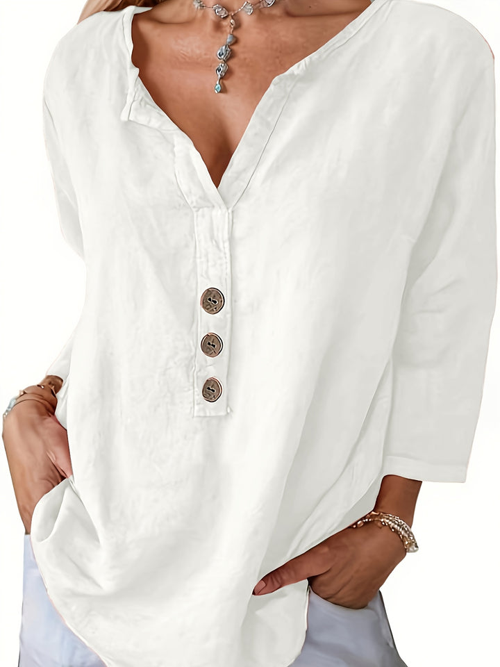 Celine | Button V-Neck Linen Top