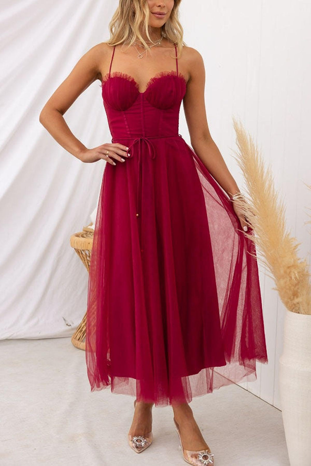 Women's Sleeveless Chiffon Maxi Dress With Tulle Overlay