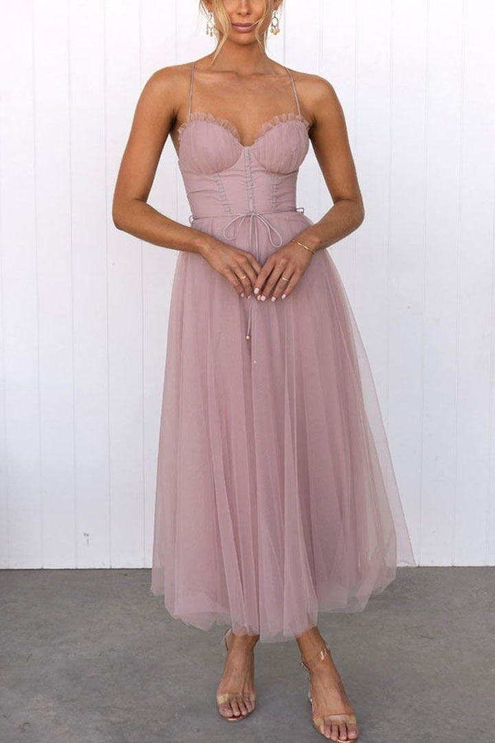 Women's Sleeveless Chiffon Maxi Dress With Tulle Overlay