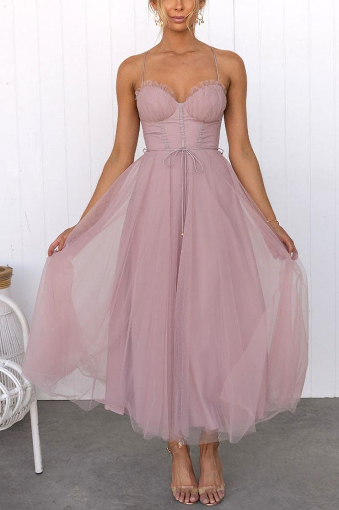 Women's Sleeveless Chiffon Maxi Dress With Tulle Overlay