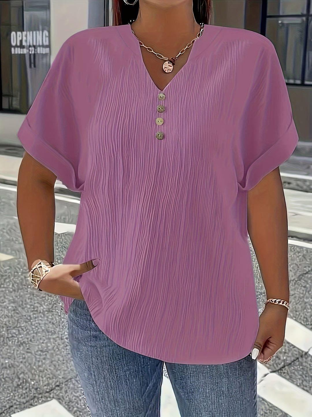 Noelle | Textured V-Neck Button Top